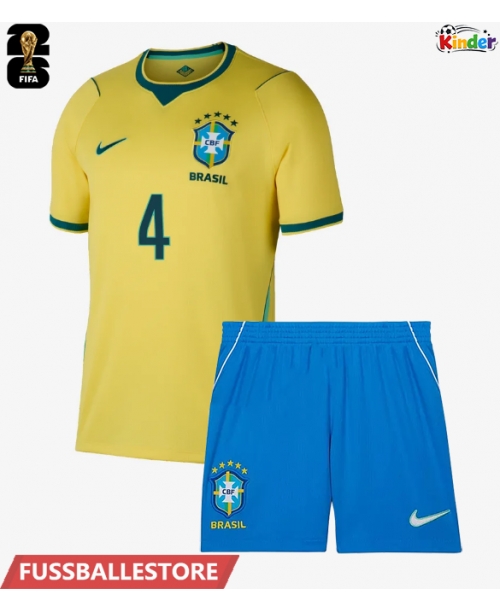 Günstige Brasilien Marquinhos #4 Heimtrikotsatz Kinder WM 2026 Kurzarm (+ Kurze Hosen)